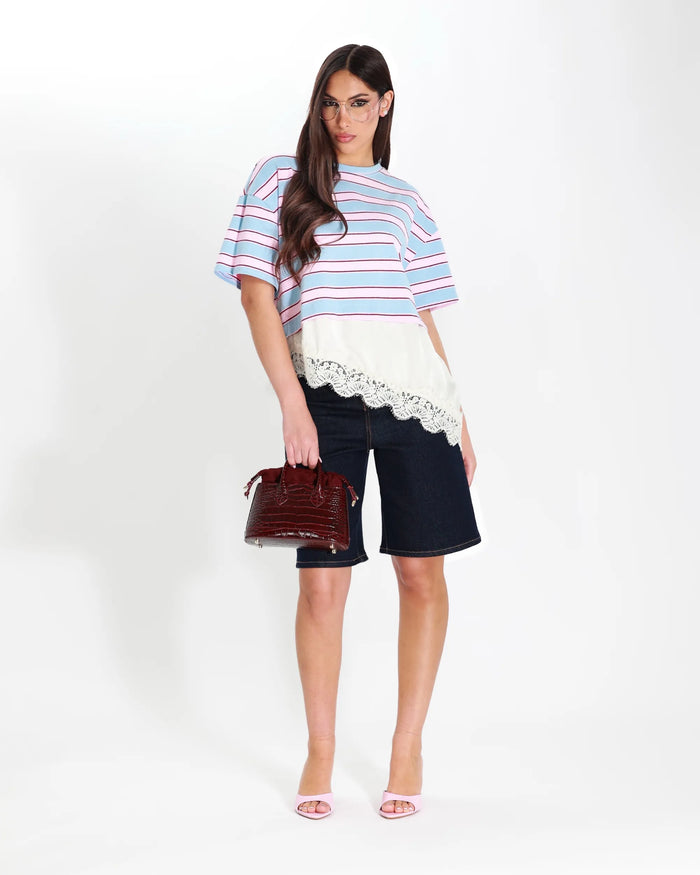 ALISON- T-SHIRT A RIGHE CON PIZZO ASIMMETRICA